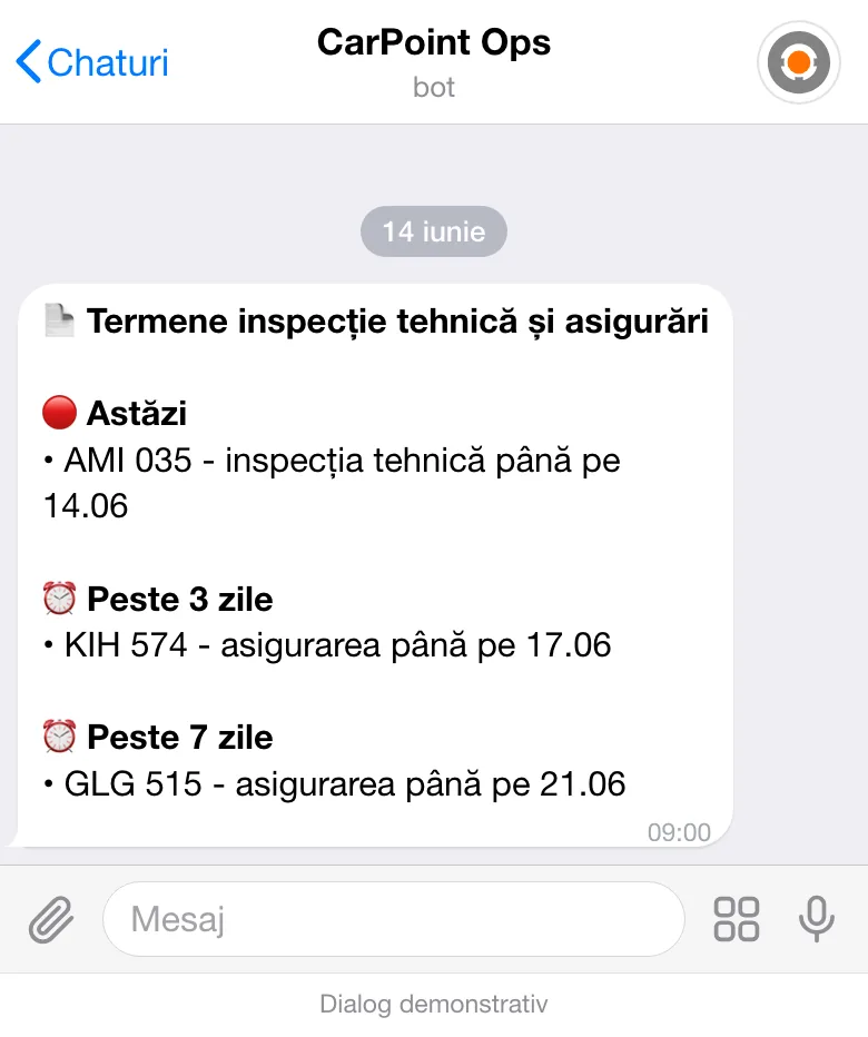 Mesajul de dimineață „Termene inspecție tehnică și asigurări” în Telegram: trei mașini din flotă, cu termene peste 7 zile, peste 3 zile și azi.