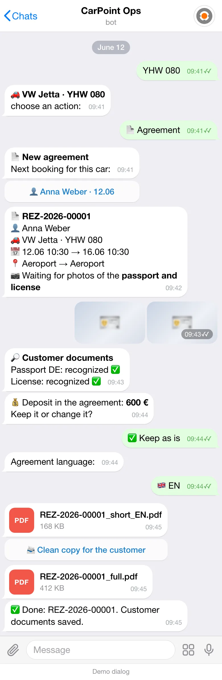 Rental agreement in the Telegram work bot: car YHW 080, Anna Weber’s booking for June 12-16, passport and license recognized, a €600 deposit, language EN and the finished agreement PDFs.