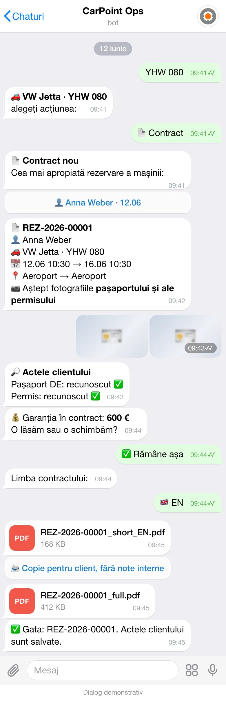 Contractul în botul de lucru din Telegram: mașina YHW 080, rezervarea Anna Weber pentru 12-16 iunie, pașaportul și permisul recunoscute, garanția de 600 €, limba EN și PDF-urile contractului generate.