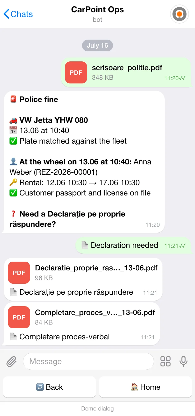 A fine in the work bot: the police notice as a PDF, plate YHW 080 matched against the fleet, Anna Weber driving on June 13 at 10:40 under booking REZ-2026-00001, and the finished PDFs: the owner’s declaration (Declarație pe proprie răspundere) and Completare proces-verbal (a supplement to the police report).