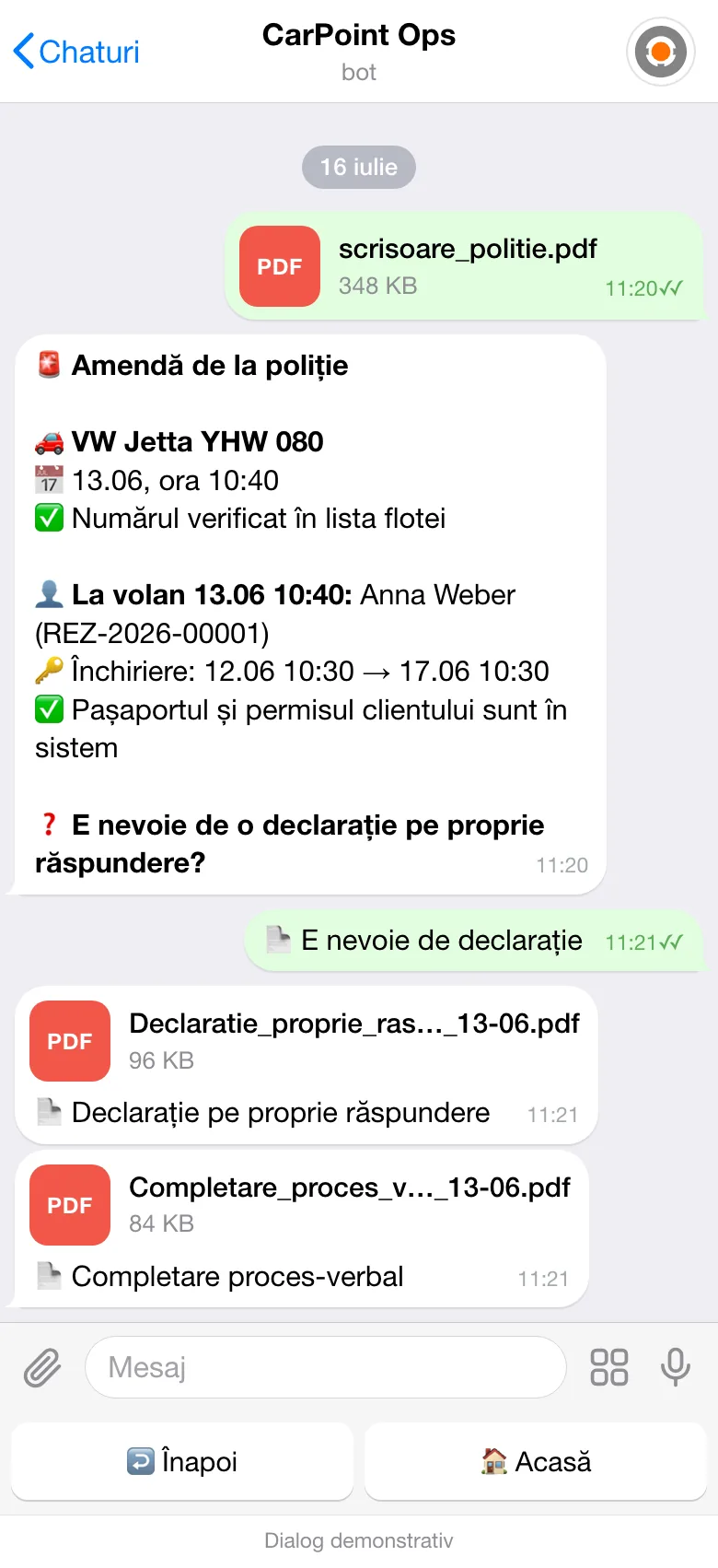 Amenda în botul de lucru: scrisoarea poliției în PDF, numărul YHW 080 verificat în lista flotei, pe 13.06 la 10:40 la volan Anna Weber, conform rezervării REZ-2026-00001, și PDF-urile generate Declarație pe proprie răspundere și Completare proces-verbal.