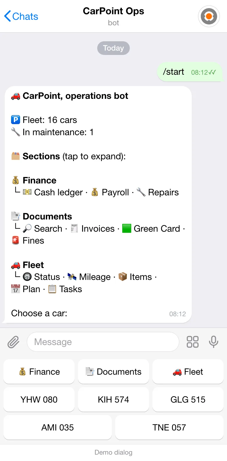 Home screen of the CarPoint work bot in Telegram: a greeting and a menu with the “Finance”, “Documents” and “Fleet” sections.