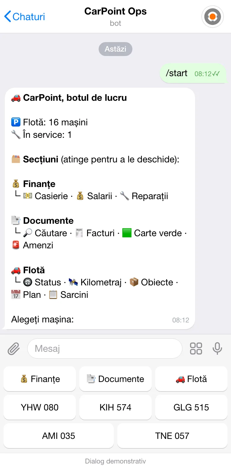 Ecranul principal al botului de lucru CarPoint în Telegram: salutul și meniul cu secțiunile „Finanțe”, „Documente” și „Flotă”.