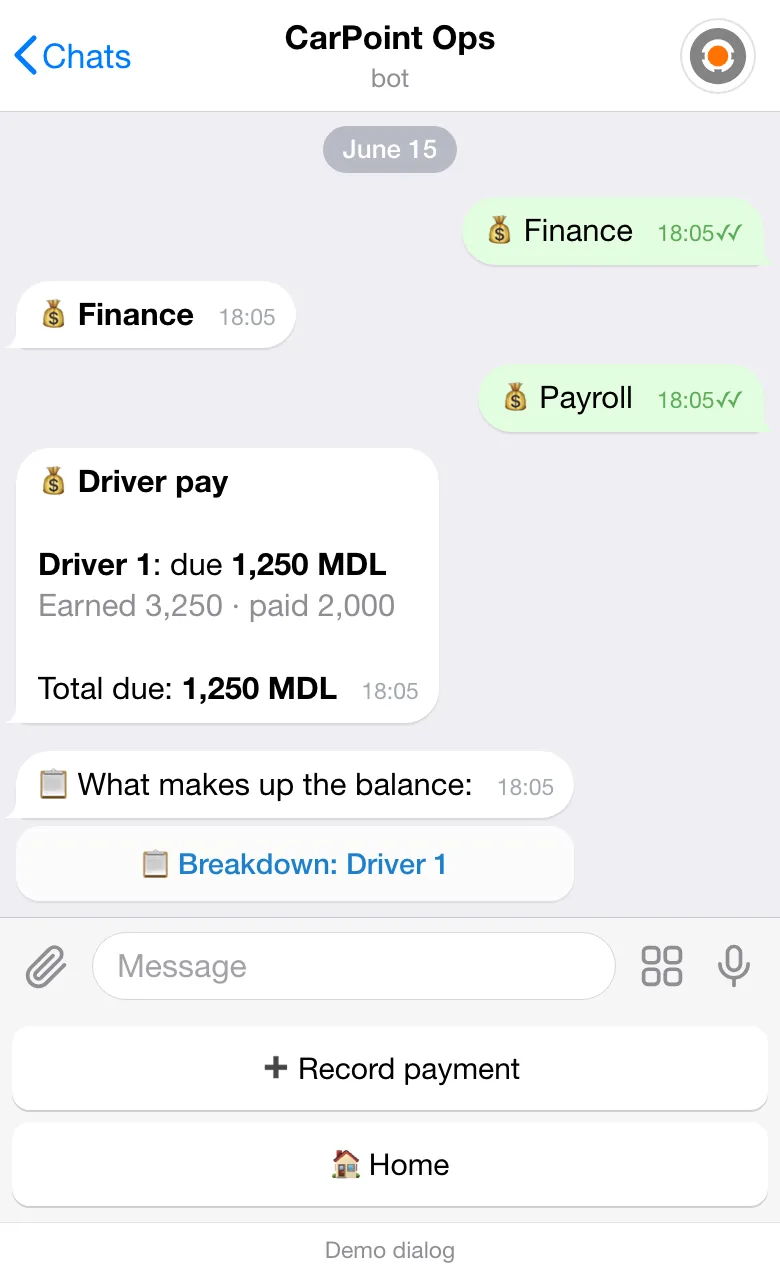 The “Driver pay” section in the bot: the balance due to a demo driver and the “Record payment” and “Breakdown” buttons.