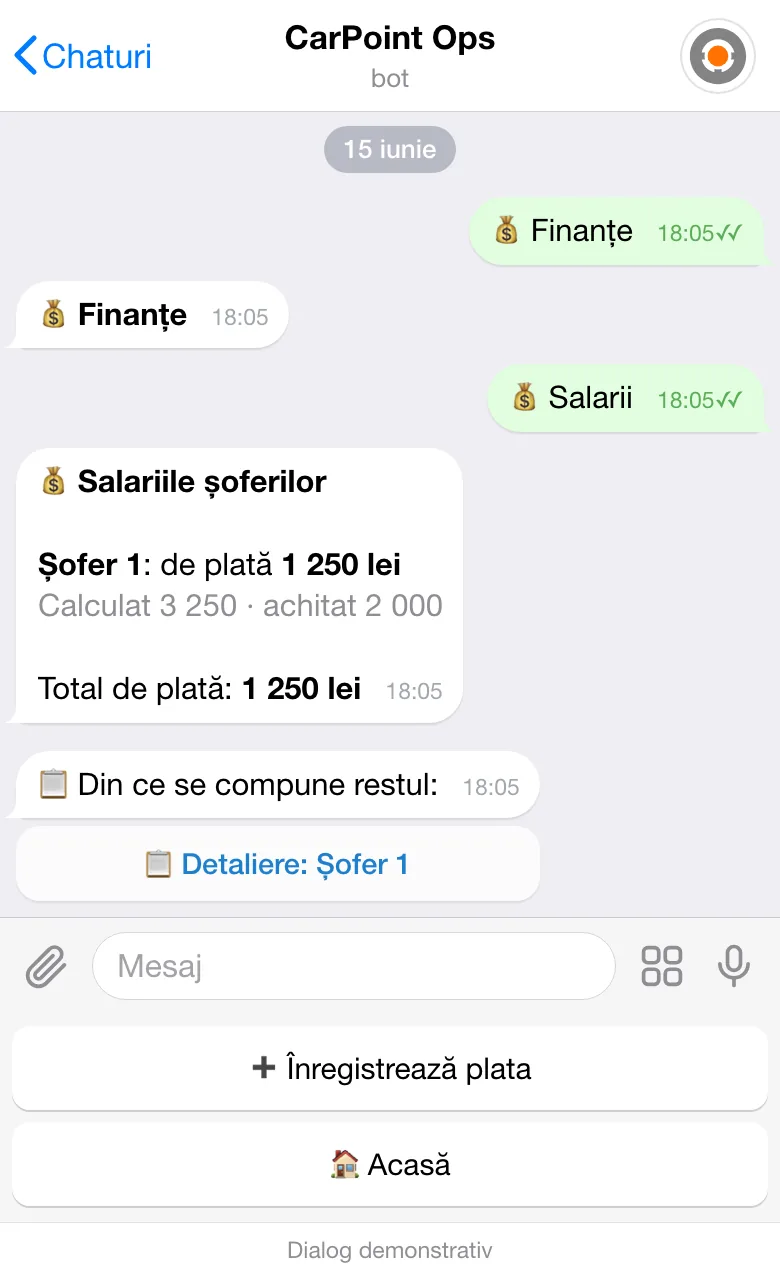 Secțiunea „Salariile șoferilor” din bot: restul de plată pentru un șofer demo și butoanele „Înregistrează plata” și „Detaliere”.