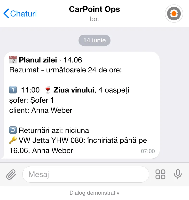 Mesajul „Planul zilei” în Telegram pentru 14 iunie: turul „Ziua vinului” pentru 4 oaspeți la 11:00, cu șofer, nicio returnare, VW Jetta închiriată clientei demo Anna Weber până pe 16 iunie.
