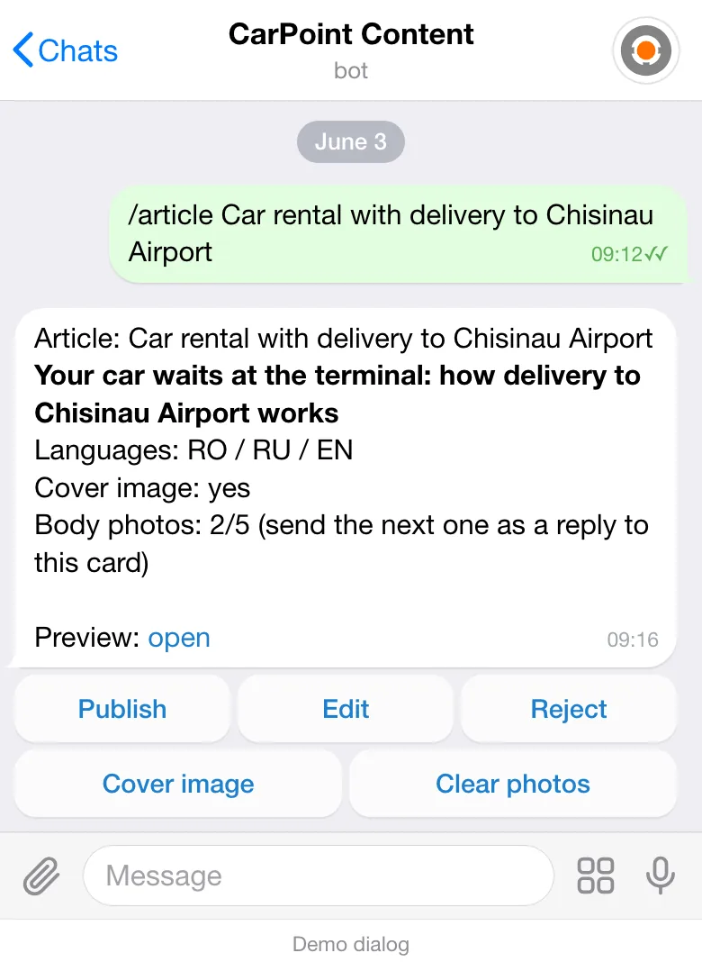 Article card in the Telegram content bot: topic, headline, RO / RU / EN languages, a preview link and the “Publish”, “Edit” and “Reject” buttons.