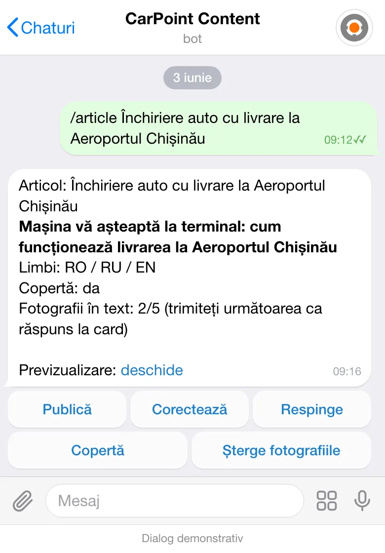 Cardul unui articol în botul de conținut din Telegram: tema, titlul, limbile RO / RU / EN, linkul de previzualizare și butoanele „Publică”, „Corectează”, „Respinge”.