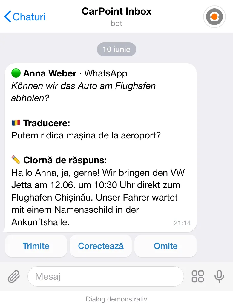 Cardul copilotului în Telegram: mesajul clientei demo Anna Weber de pe WhatsApp, în germană, traducerea în română, ciorna de răspuns în germană și butoanele „Trimite”, „Corectează”, „Omite”.