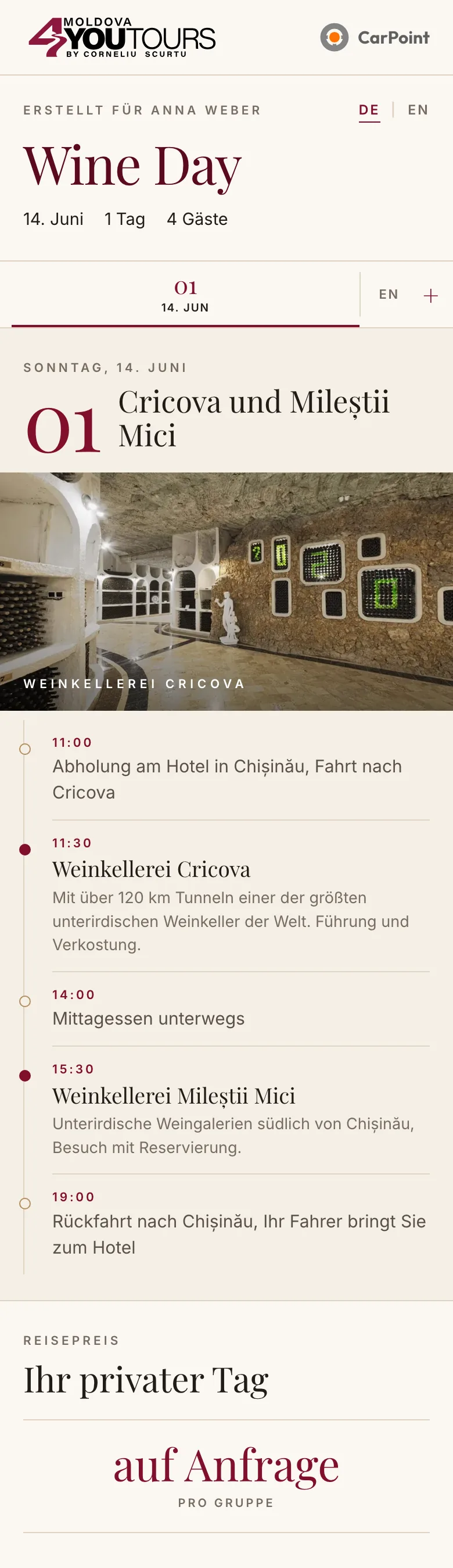 Broșura Moldova4You „Wine Day” în germană pentru clienta demo Anna Weber: 14 iunie, 4 oaspeți, Cricova la 11:30, Mileștii Mici la 15:30 și întoarcerea la hotel la 19:00.