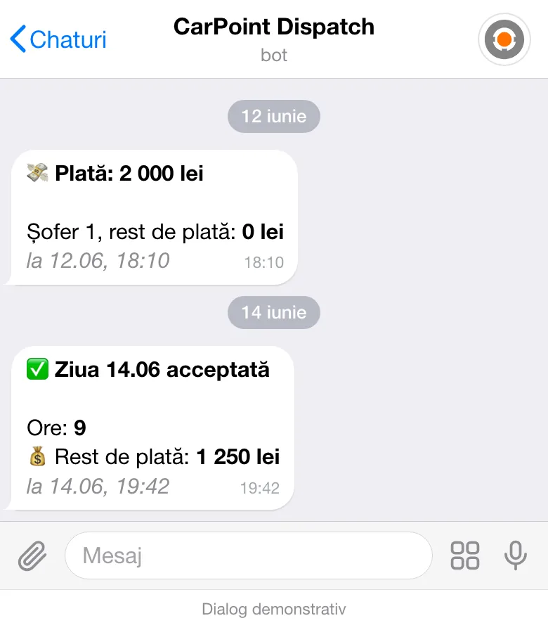 Mesajele botului CarPoint Dispatch către șofer: plata de 2 000 lei din 12 iunie și „Ziua 14.06 acceptată”, cu 9 ore și restul de plată de 1 250 lei.
