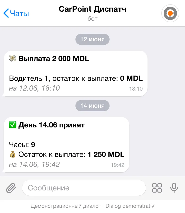Сообщения бота CarPoint Диспатч водителю: выплата 2 000 MDL 12 июня и «День 14.06 принят» с 9 часами и остатком к выплате 1 250 MDL.