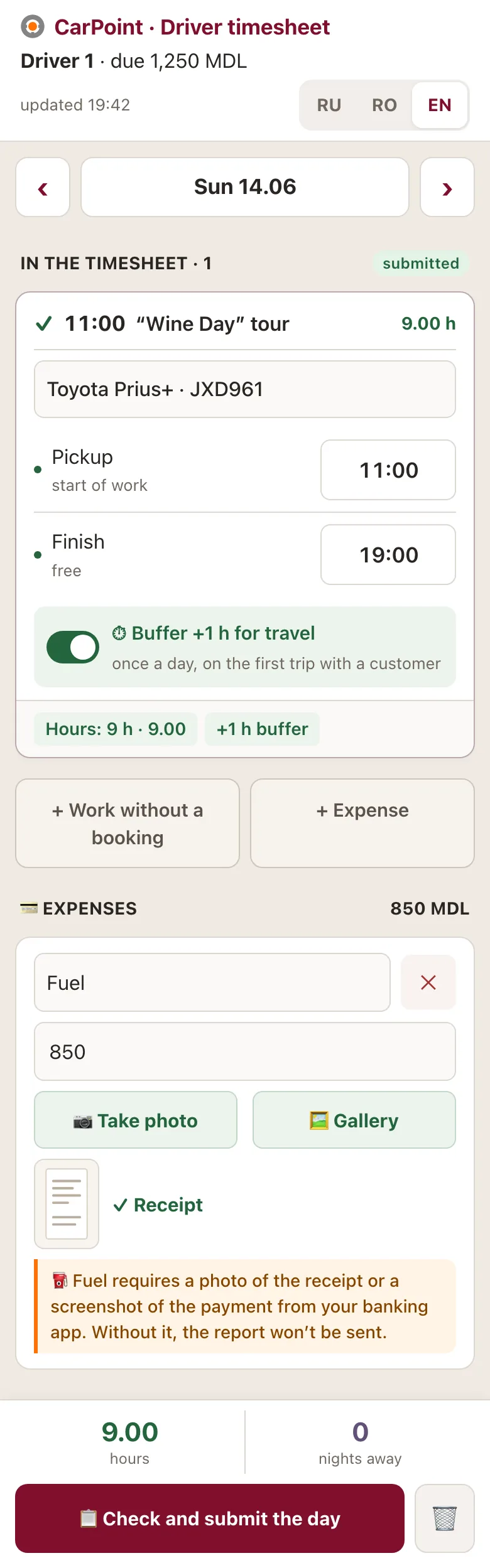 Driver timesheet on a phone for June 14, day submitted: the “Wine Day” tour from 11:00 to 19:00 plus a 1-hour buffer, 9 hours in total, and an 850 MDL fuel receipt with a photo.